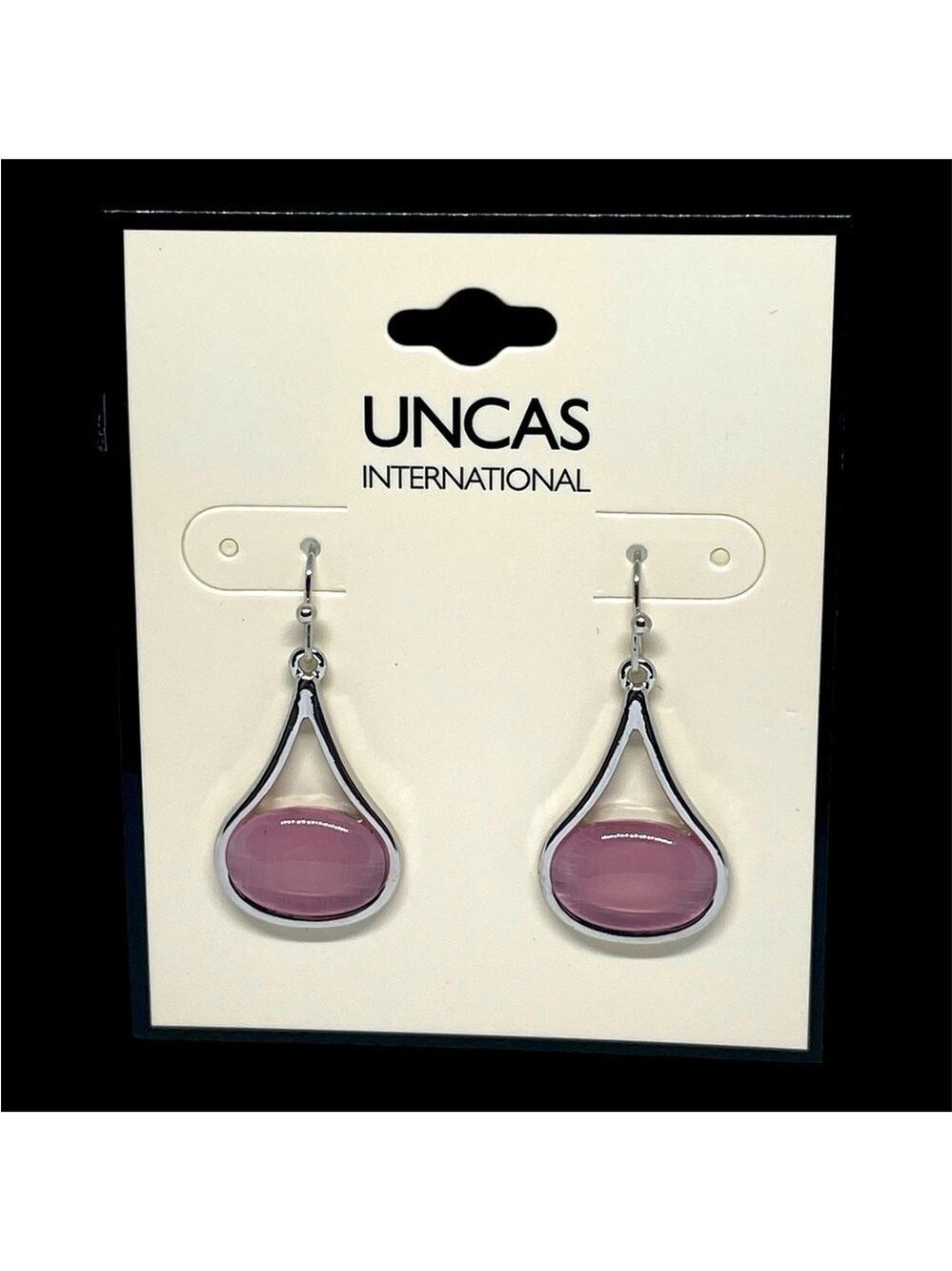 UNCAS International Sliver-tone Teardrop with Pink Stone Accent Earrings NWT